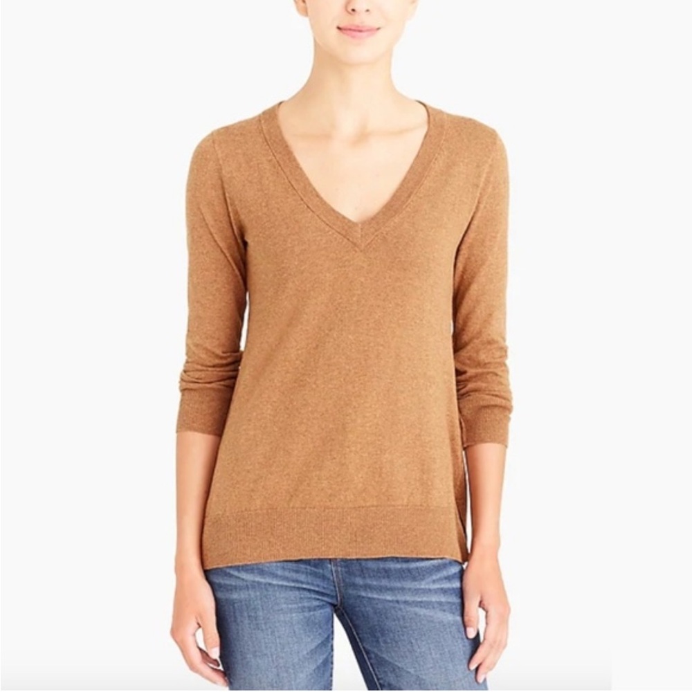 Jcrew Merino Wool Vneck Ribbed Hem Lightweight Pullover Sweater, Camel, Sz Small